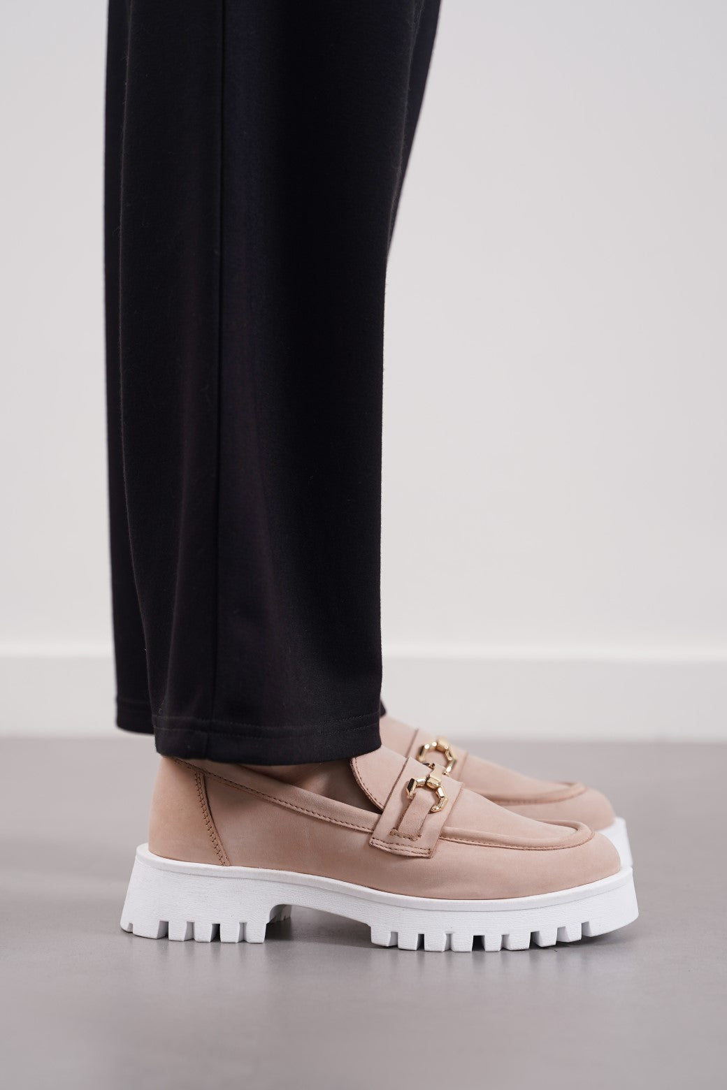 NUDE BUCKLED LEATHER LOAFERS