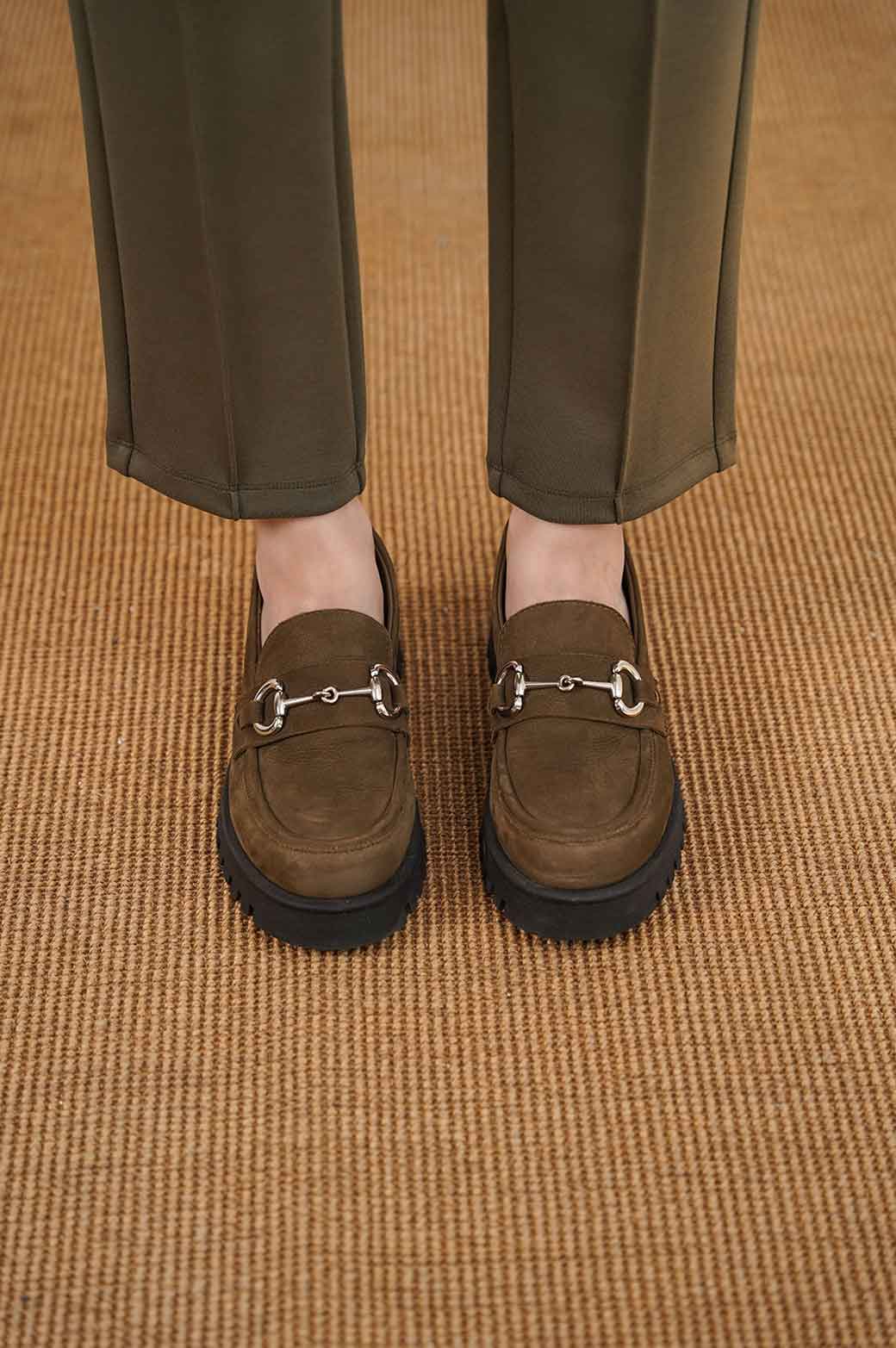 OLIVE BUCKLED LOAFERS
