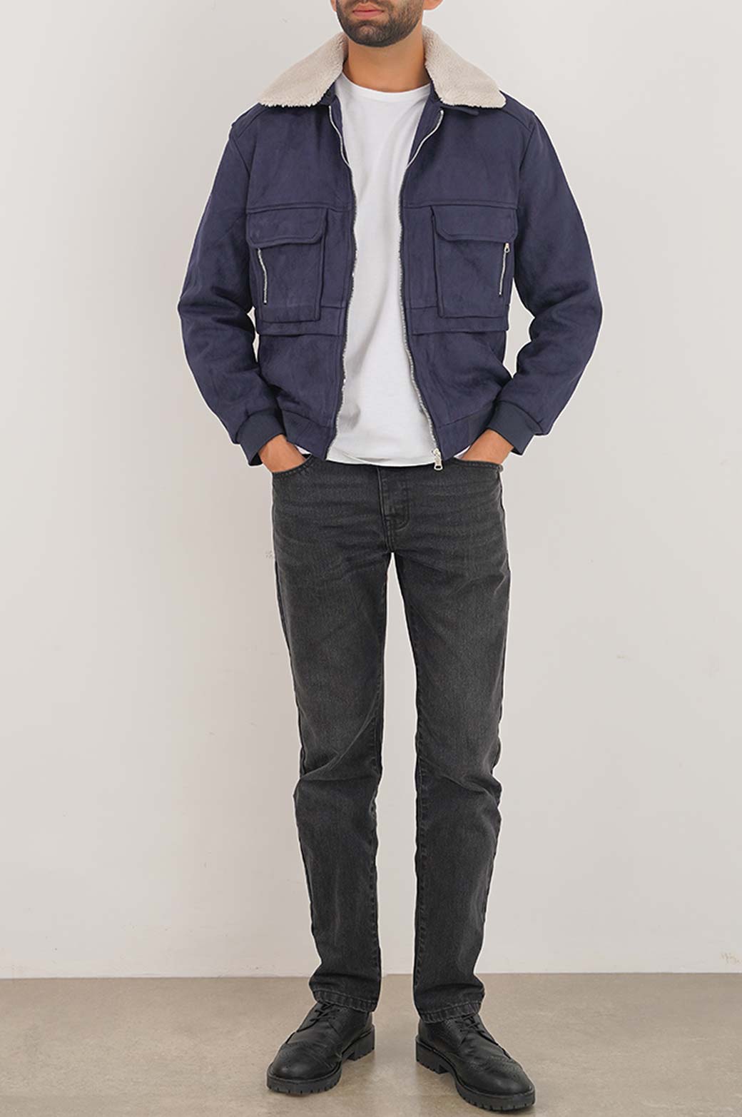 NAVY SHERPA SUEDE JACKET