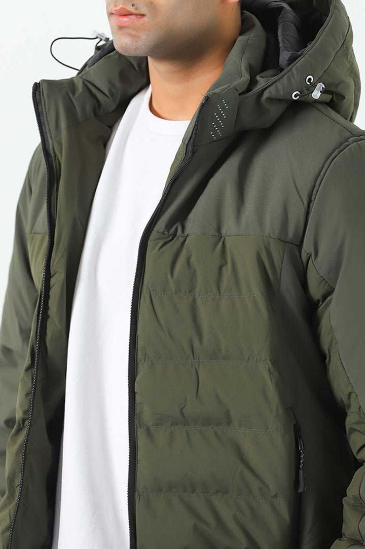 ARMY GREEN HOODED PUFFER JACKET