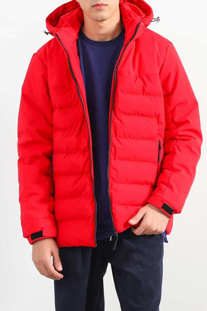 RED HOODED PUFFER JACKET