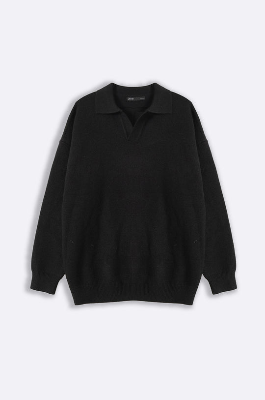 BLACK RELAXED POLO SWEATER