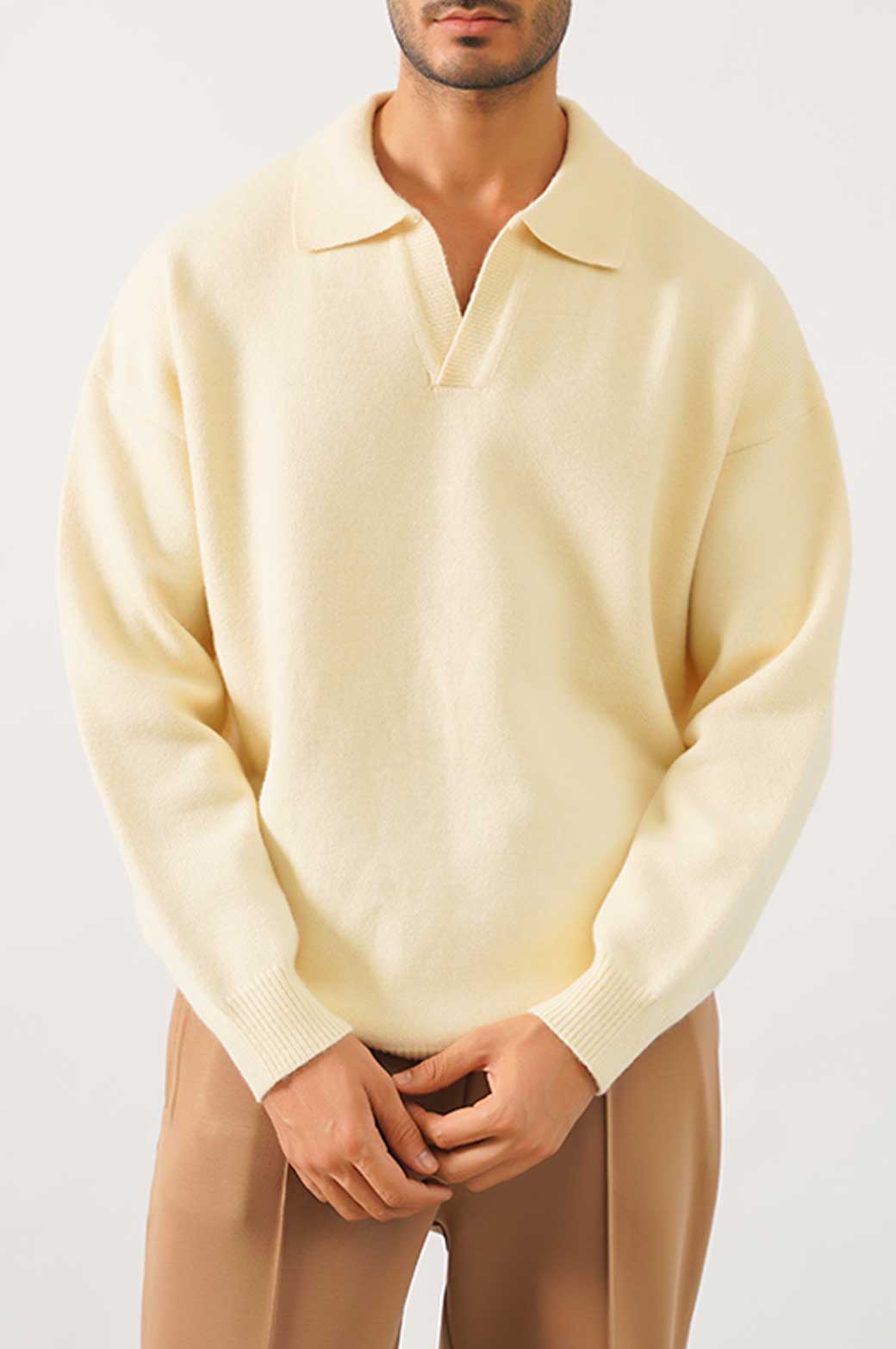 CREAM RELAX POLO SWEATER