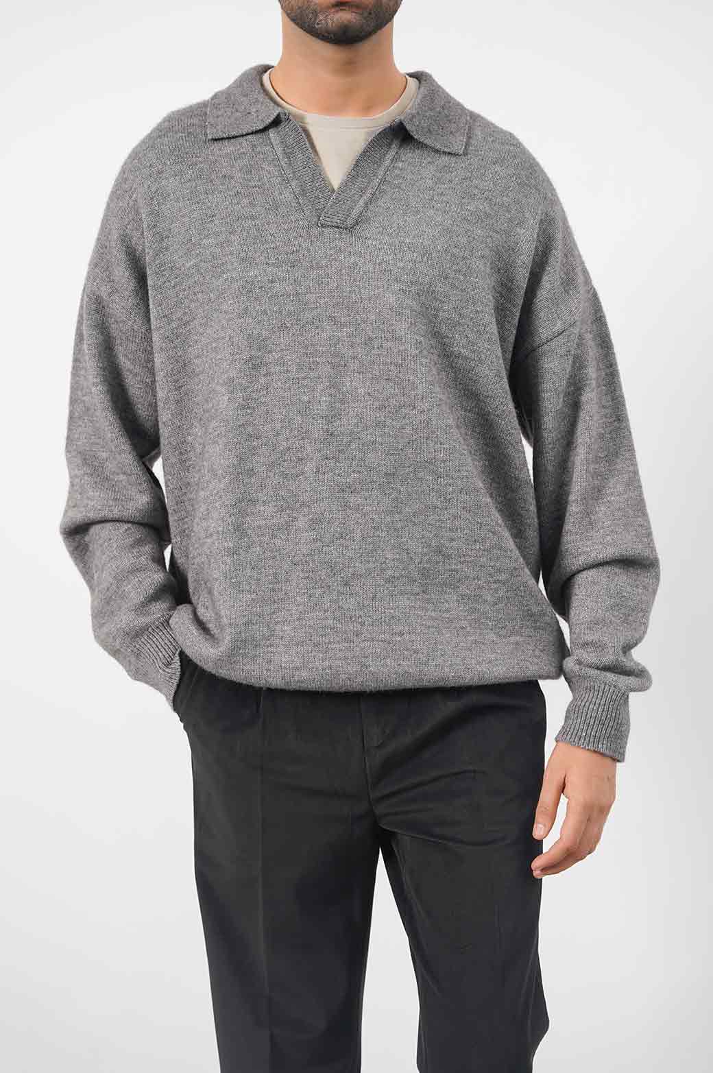 MELANGE GREY RELAX POLO SWEATER