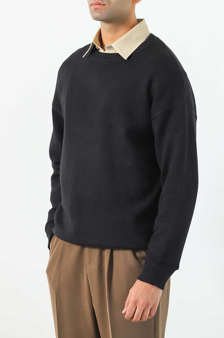 BLACK RELAXED CREW NECK SWEATER