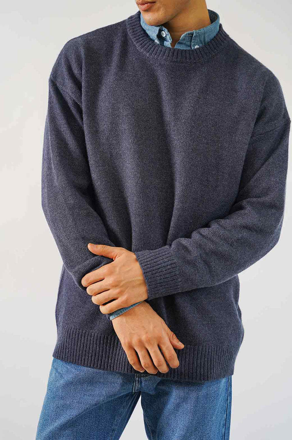 MELANGE NAVY RELAXED CREW NECK SWEATER