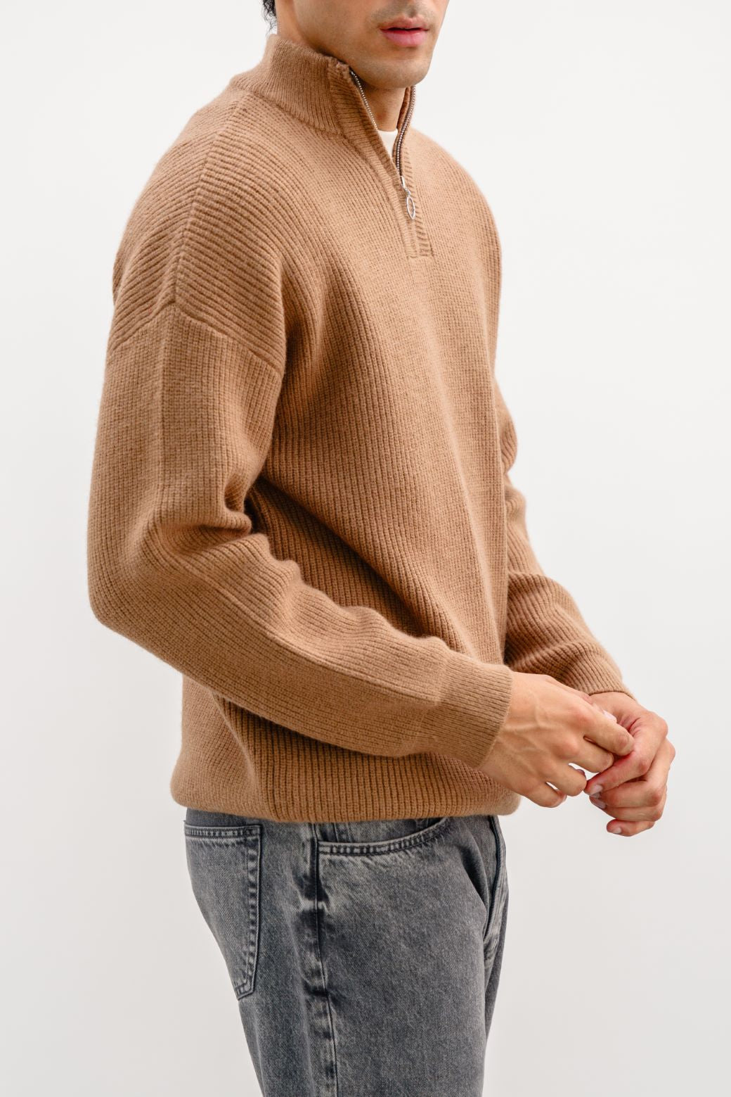 KHAKI RELAXED MOCKNECK SWEATER