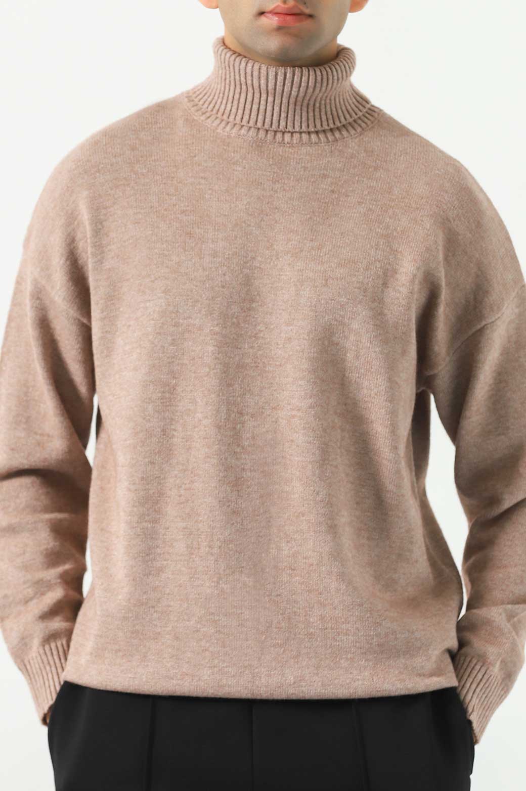 MELANGE BEIGE RELAXED HIGH-NECK SWEATER