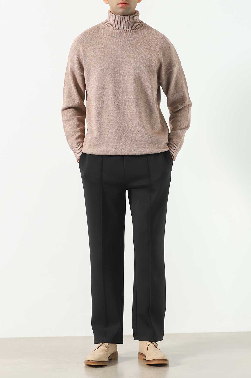 MELANGE BEIGE RELAXED HIGH-NECK SWEATER
