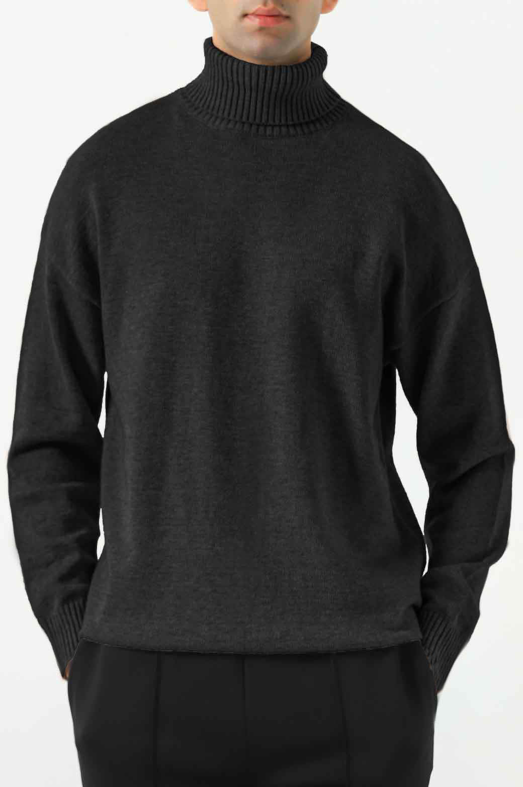 MELANGE BLACK RELAXED HIGH NECK SWEATER