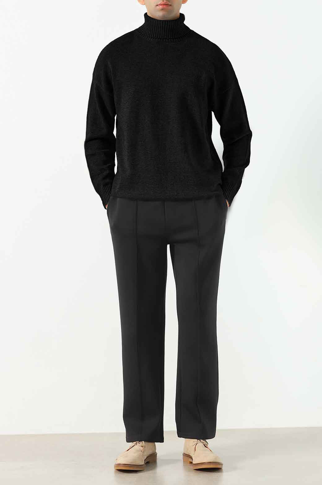 MELANGE BLACK RELAXED HIGH NECK SWEATER