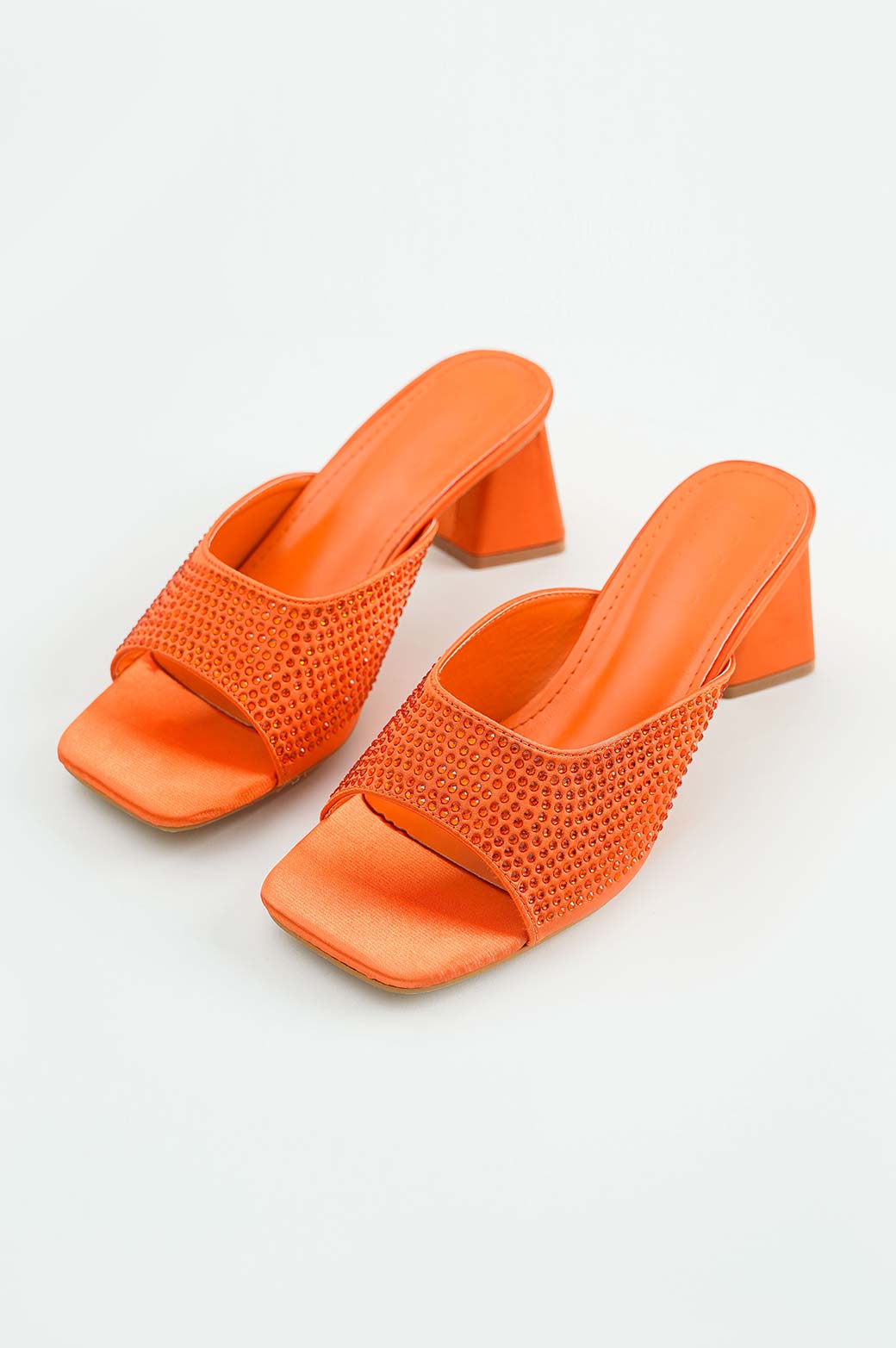 ORANGE CRYSTAL SATIN HEELS
