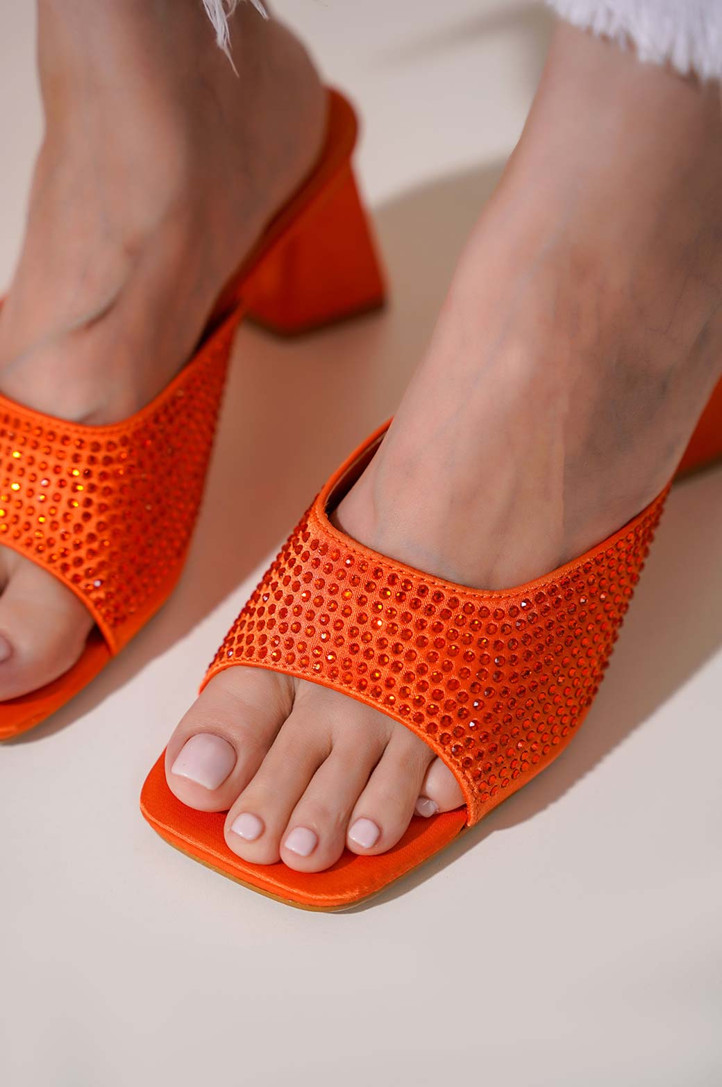 ORANGE CRYSTAL SATIN HEELS