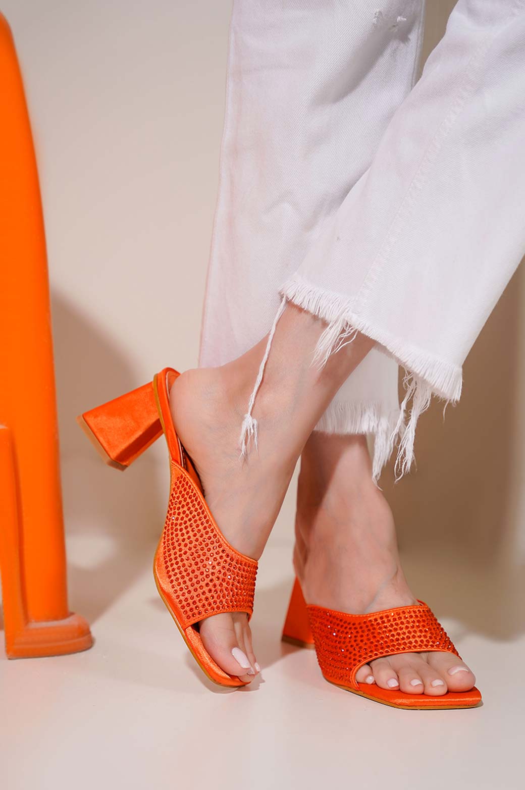 ORANGE CRYSTAL SATIN HEELS