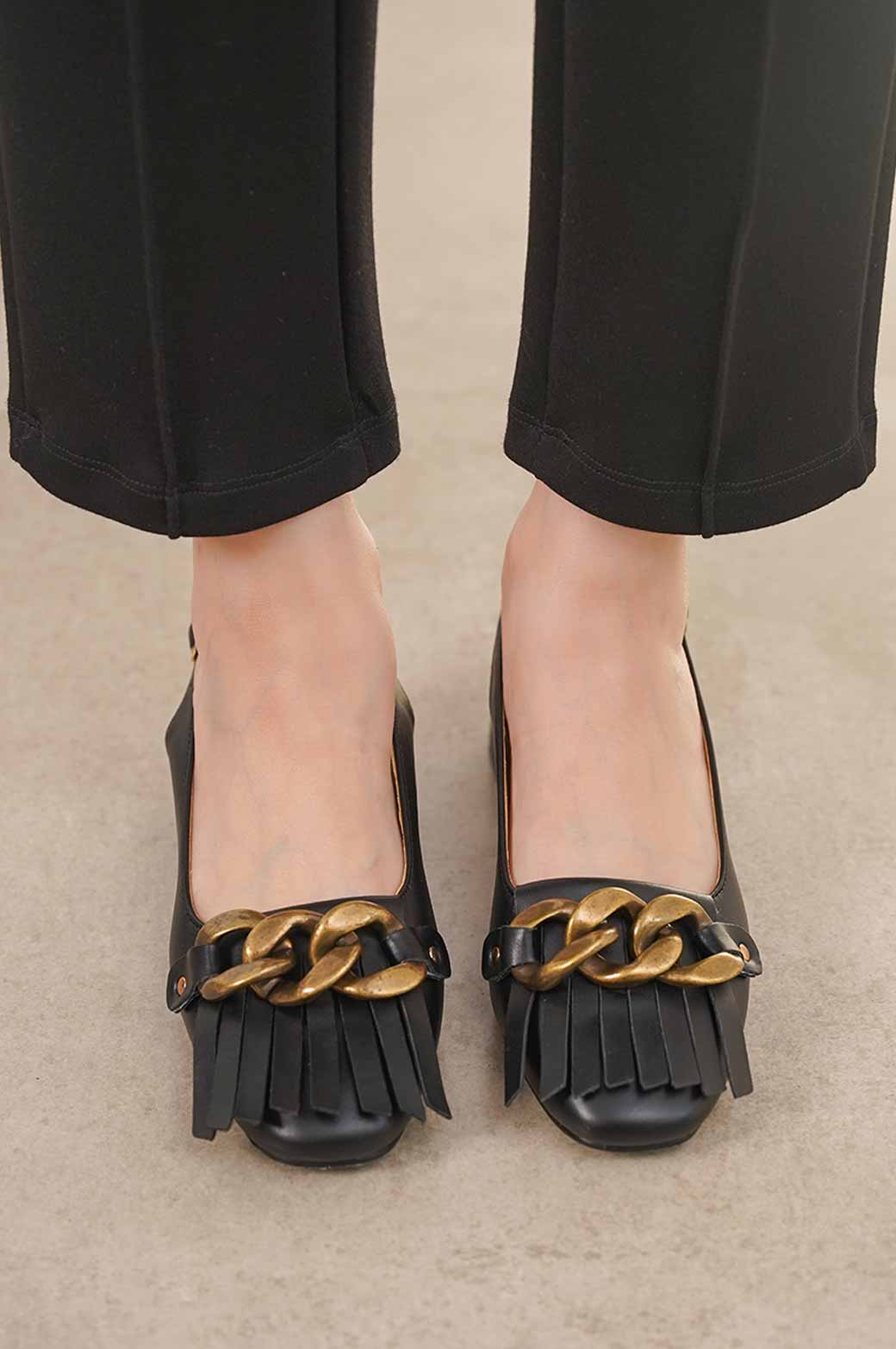 BLACK FRINGED BLOCK HEEL