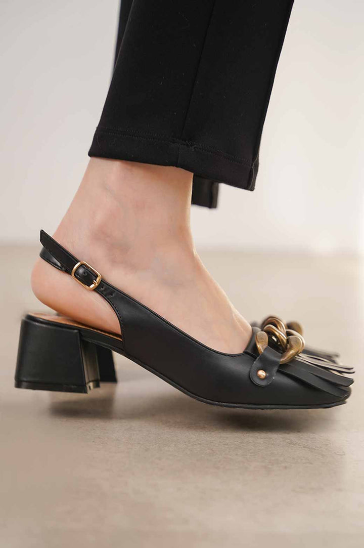 BLACK FRINGED BLOCK HEEL