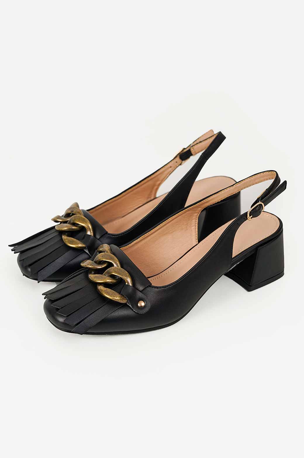 BLACK FRINGED BLOCK HEEL