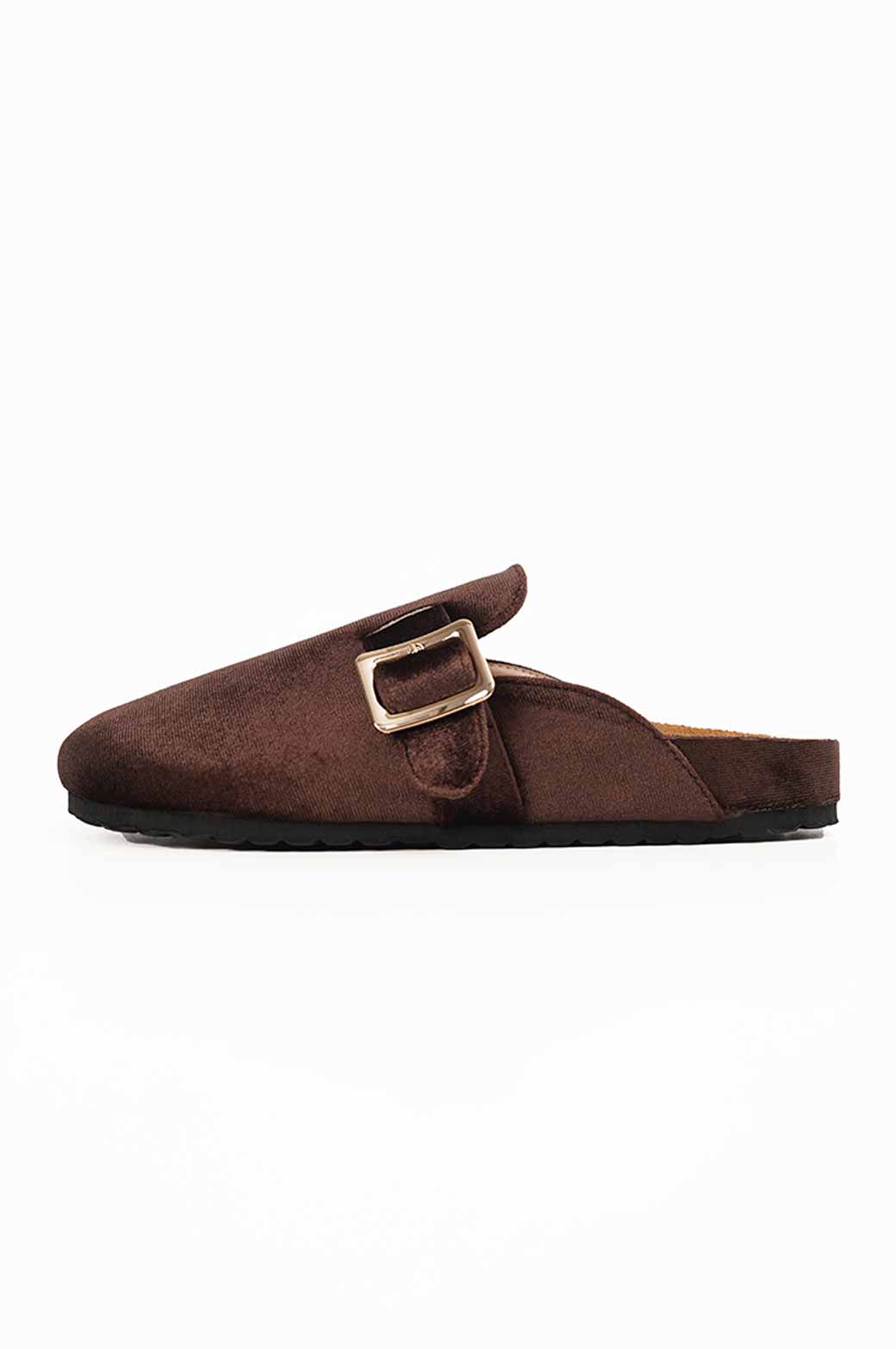 DARK BROWN WINTER MULES WITH BUCKLE