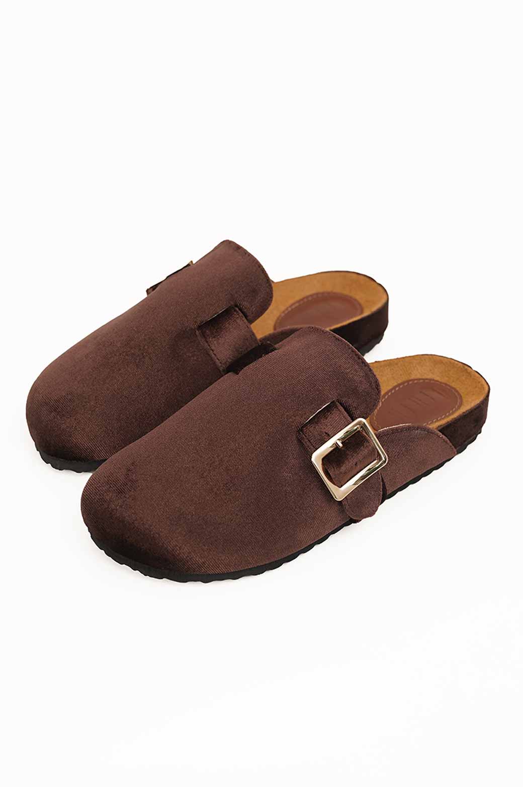 DARK BROWN WINTER MULES WITH BUCKLE