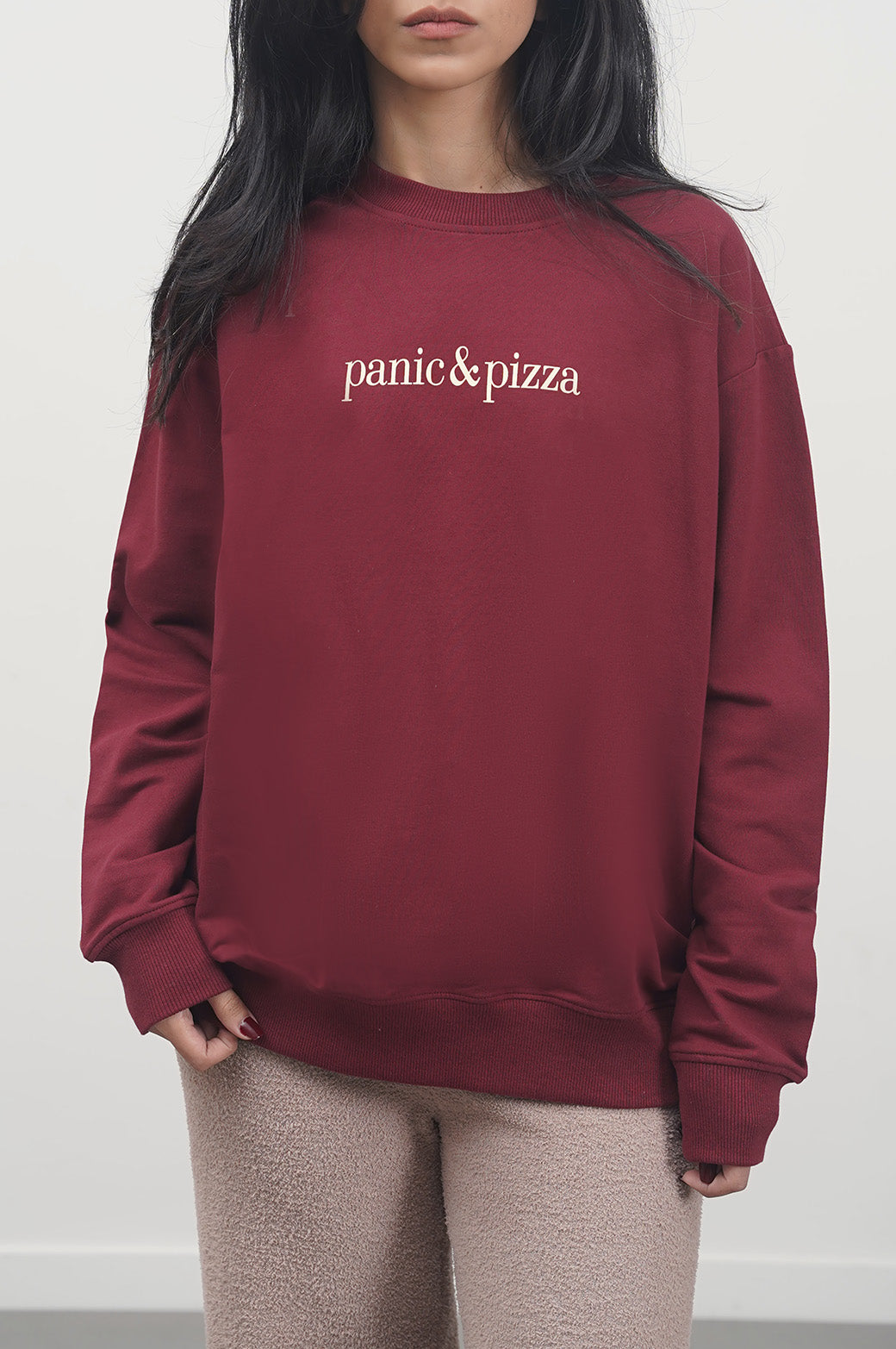 BURGUNDY PANIC AND PIZZA UNISEX SWEATSHIRT