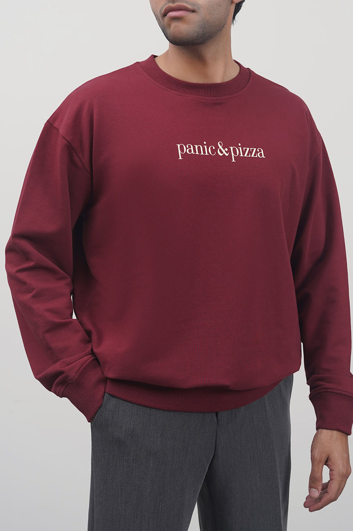 BURGUNDY PANIC AND PIZZA UNISEX SWEATSHIRT