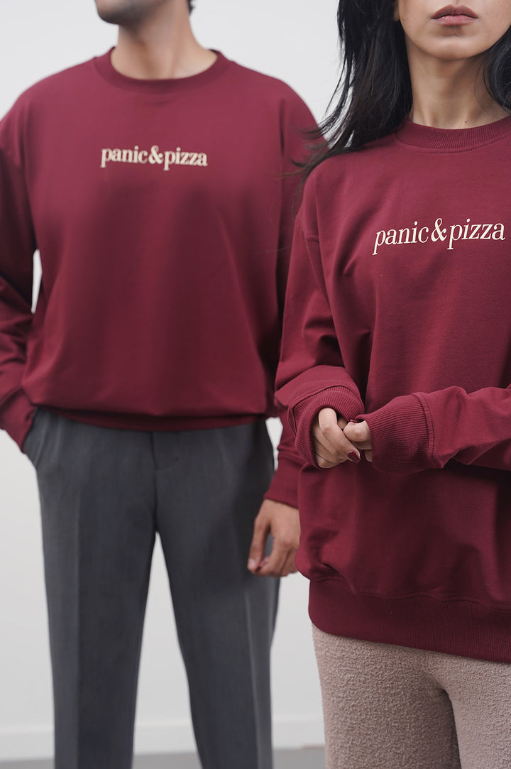 BURGUNDY PANIC AND PIZZA UNISEX SWEATSHIRT