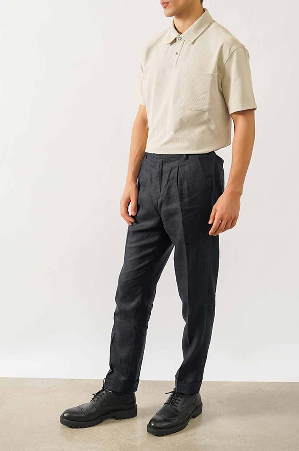 BLACK PREMIUM LINEN TURN UP PANTS