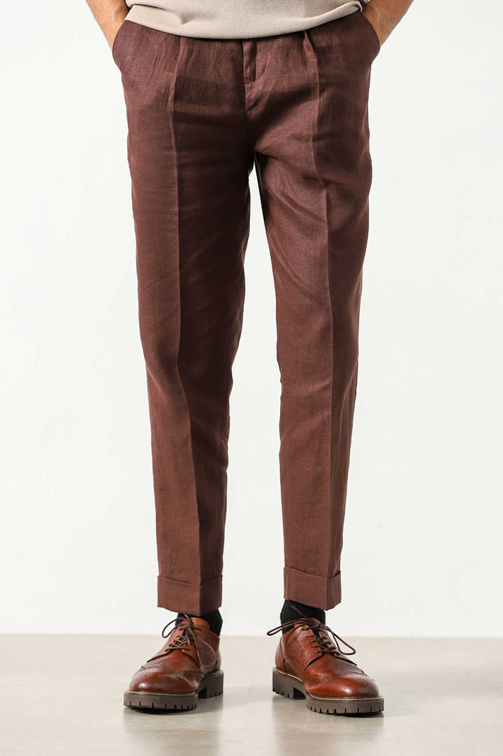 BROWN PREMIUM LINEN TURN UP PANTS