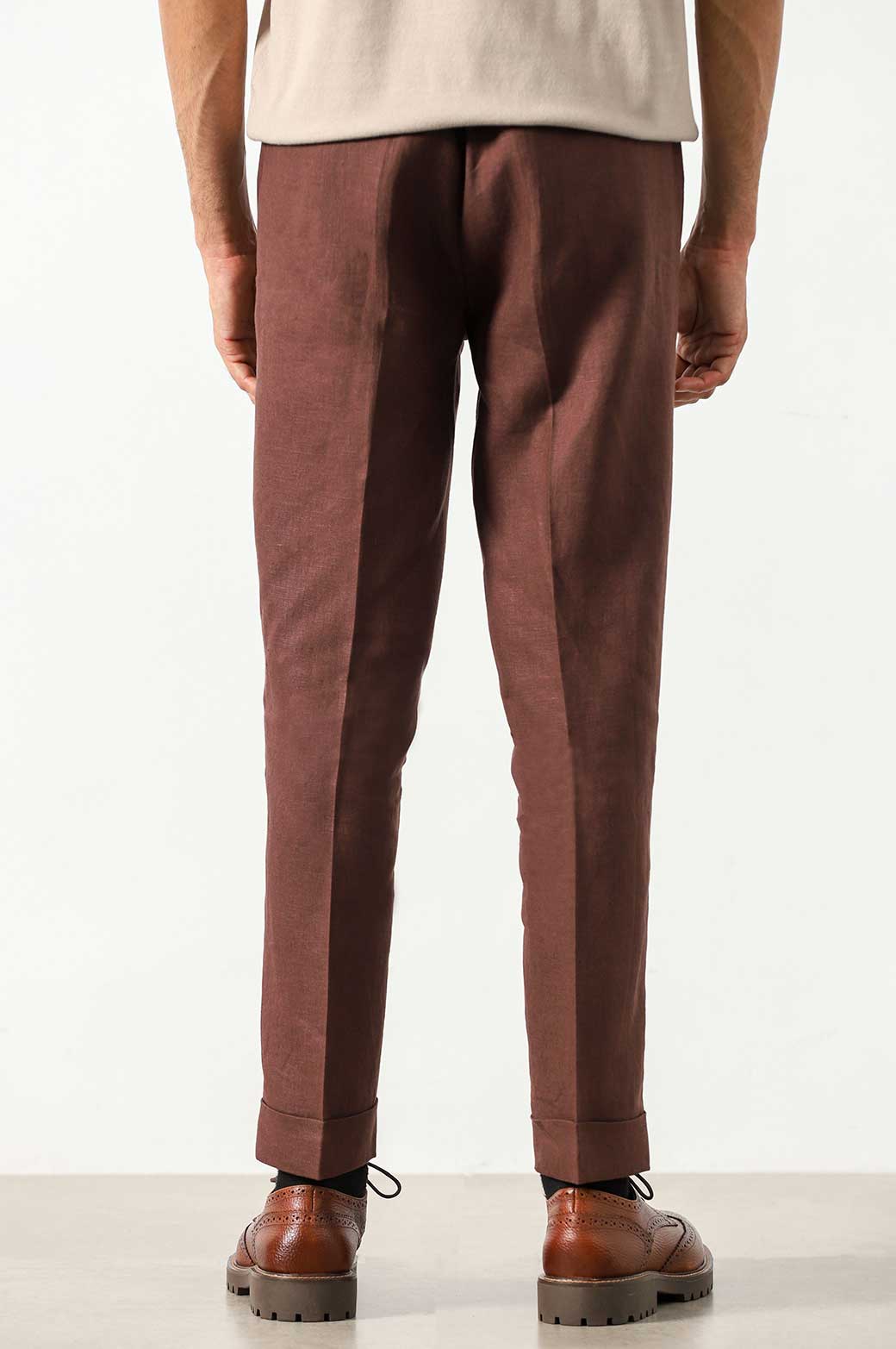 BROWN PREMIUM LINEN TURN UP PANTS