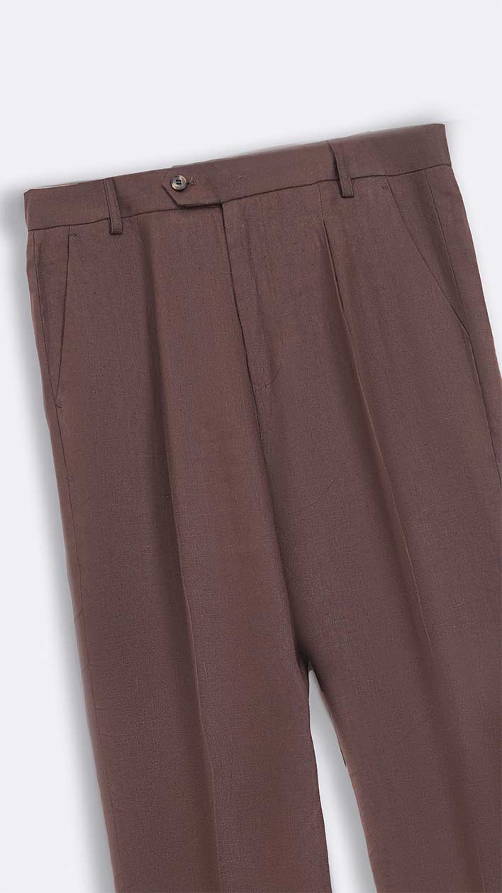 BROWN PREMIUM LINEN TURN UP PANTS
