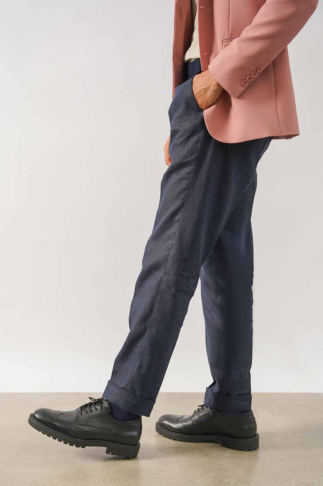 NAVY PREMIUM LINEN TURN UP PANTS