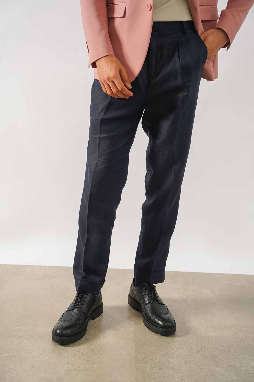 NAVY PREMIUM LINEN TURN UP PANTS