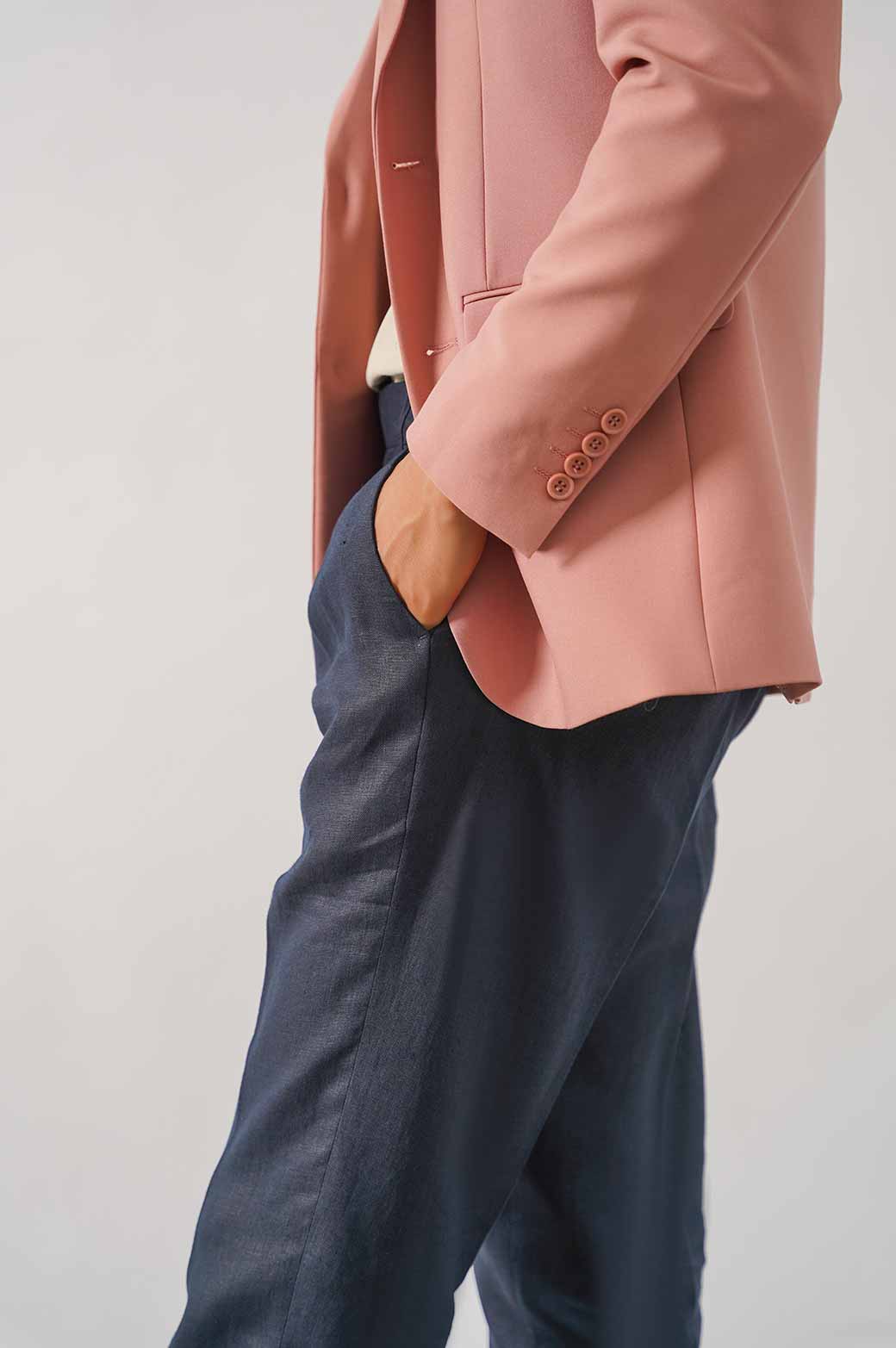 NAVY PREMIUM LINEN TURN UP PANTS