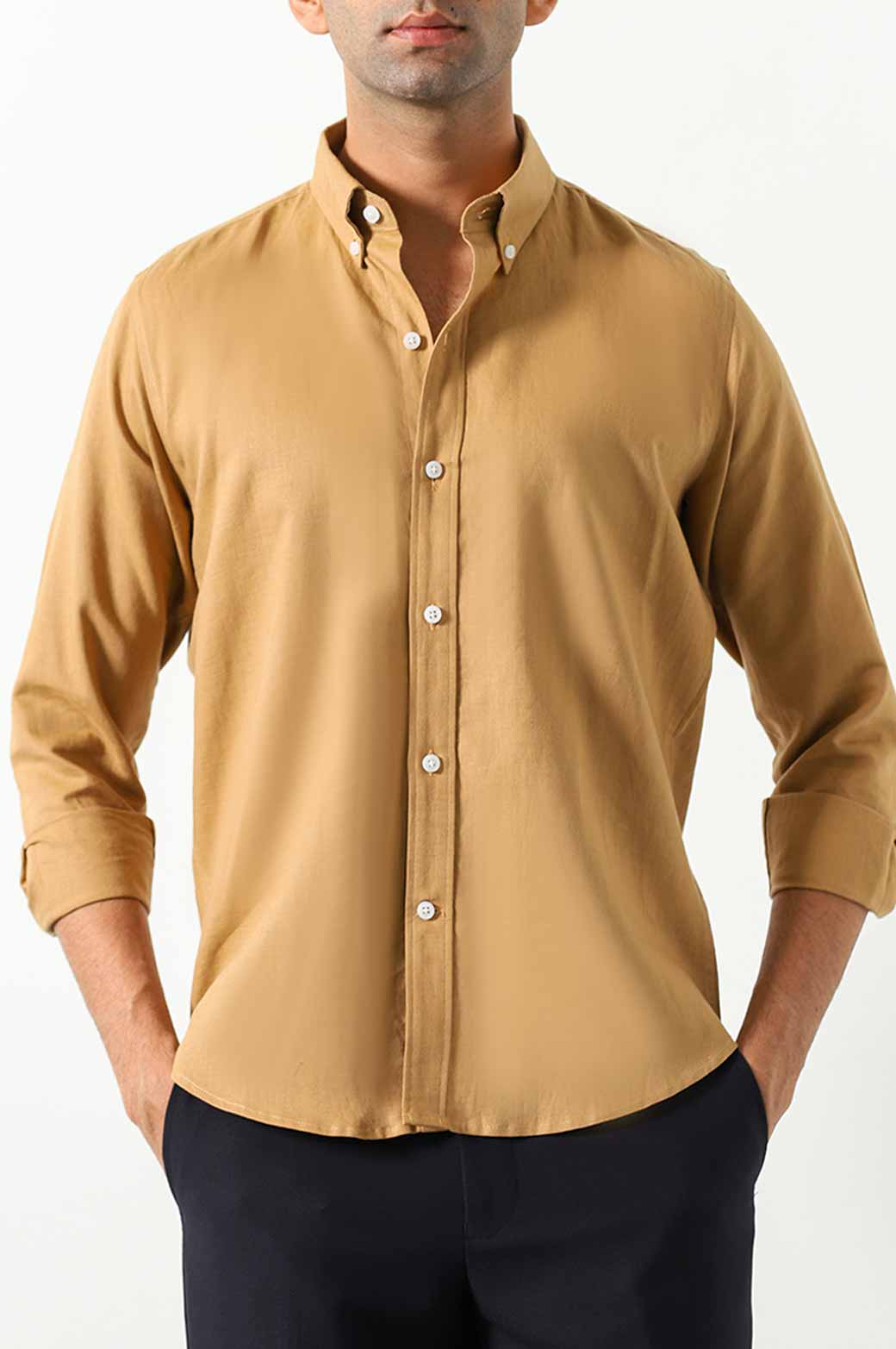 CAMEL LINEN BUTTON DOWN SHIRT