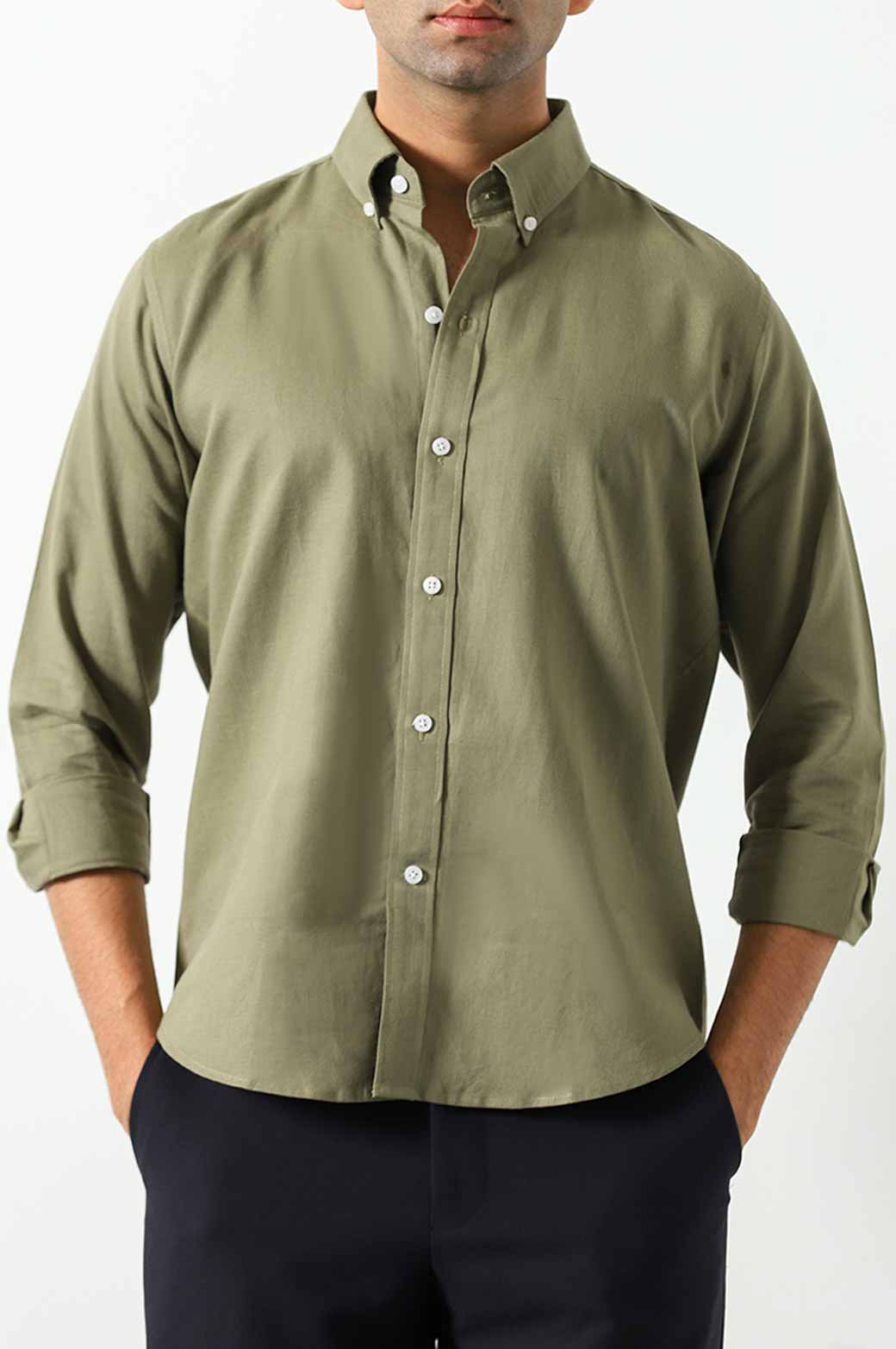 OLIVE LINEN BUTTON DOWN SHIRT