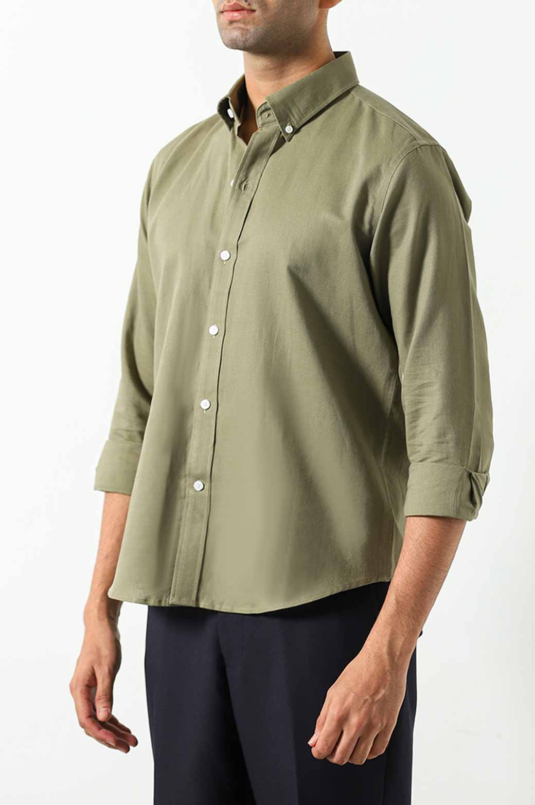 OLIVE LINEN BUTTON DOWN SHIRT