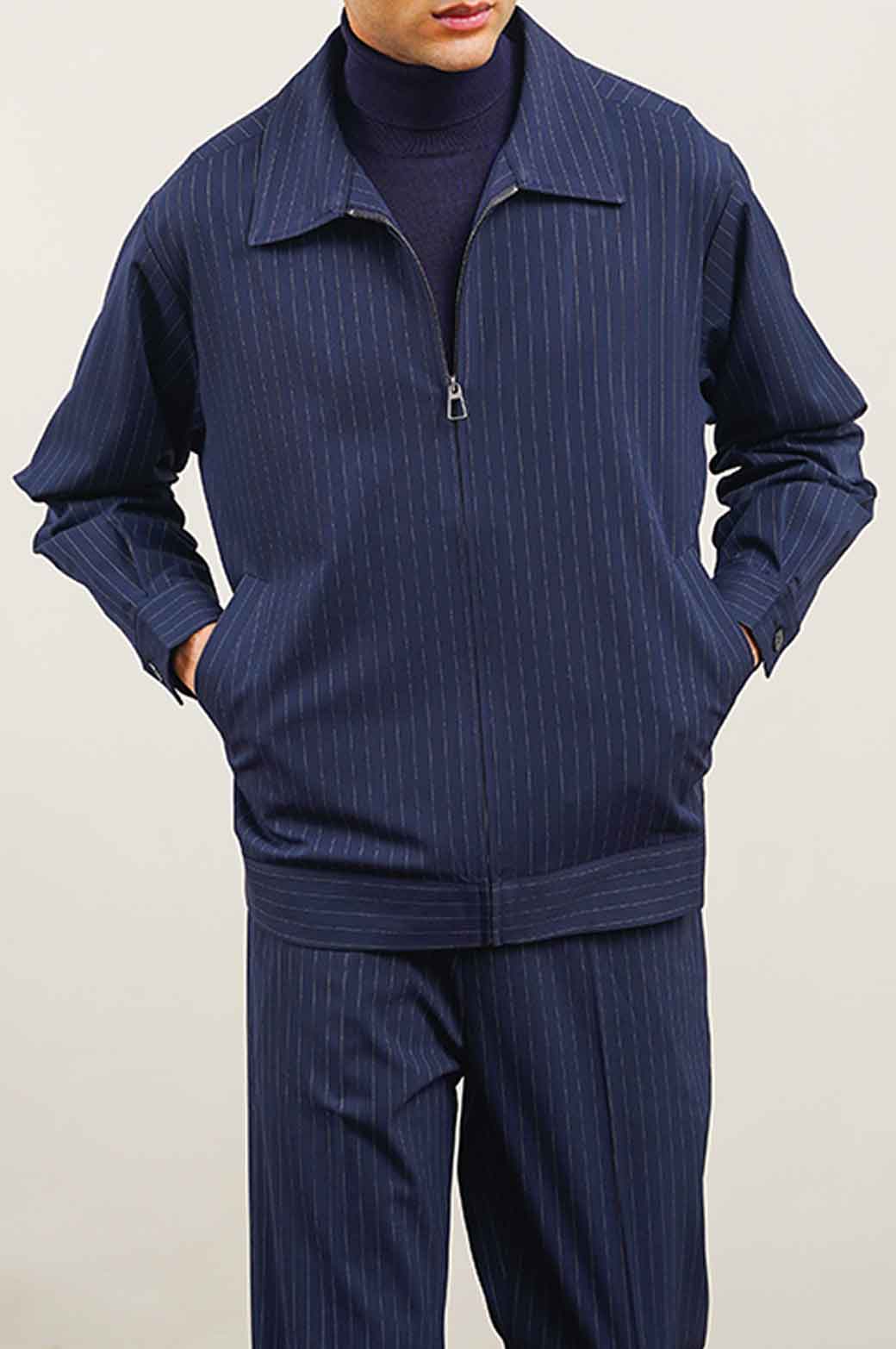 NAVY PINSTRIPE ZIPPER JACKET
