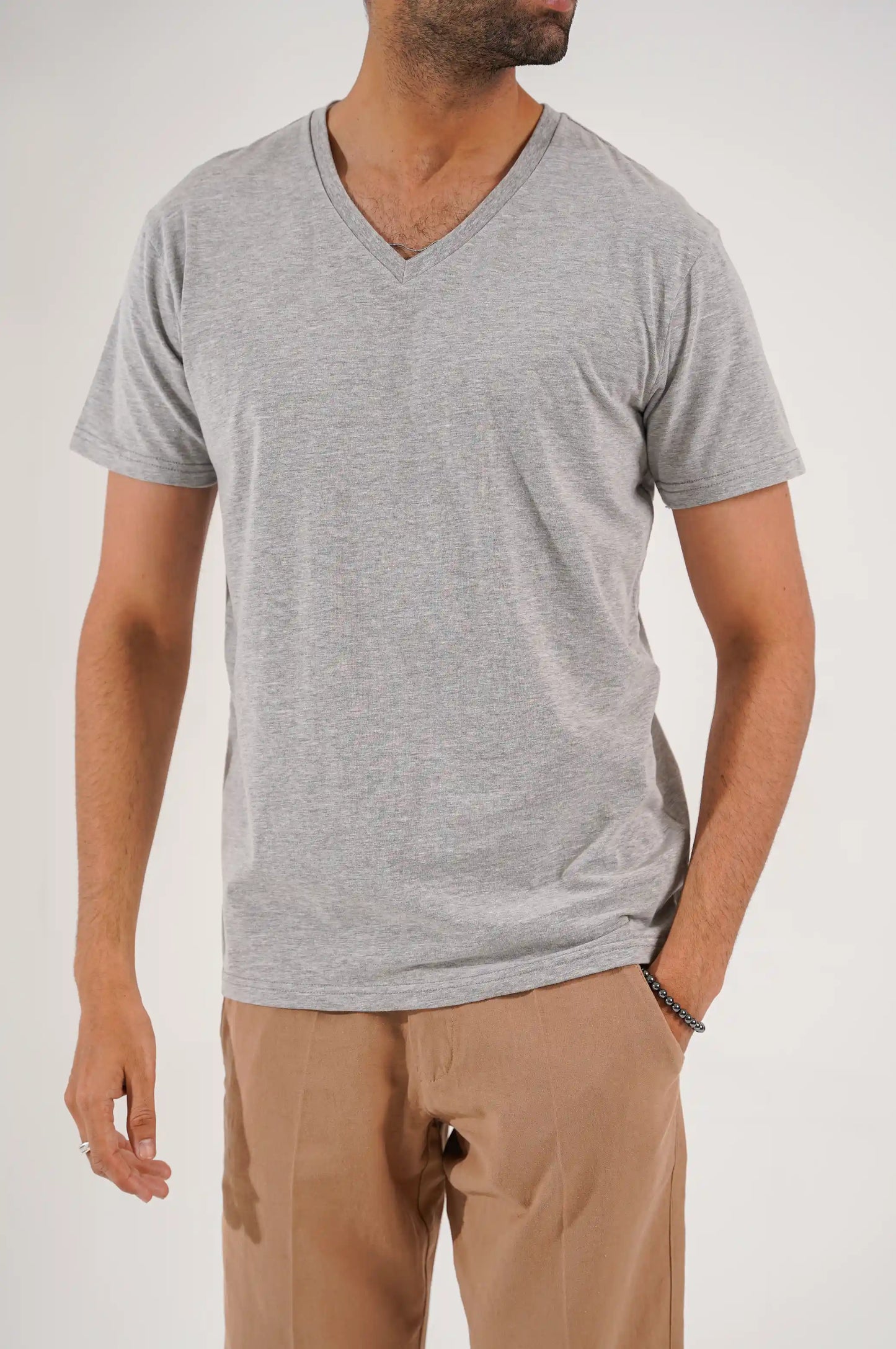 HEATHER GREY V NECK T-SHIRT