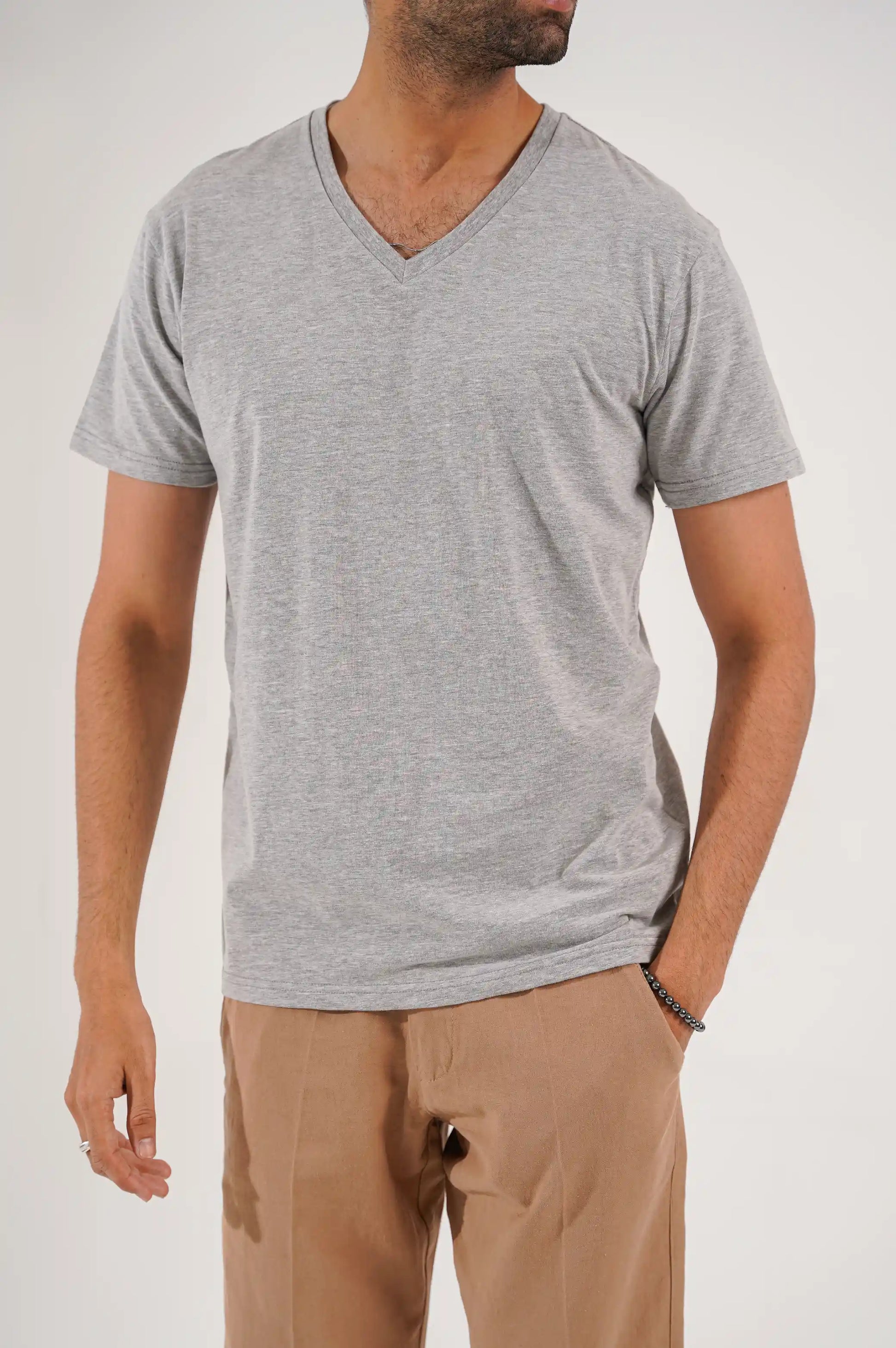 HEATHER GREY V NECK T-SHIRT
