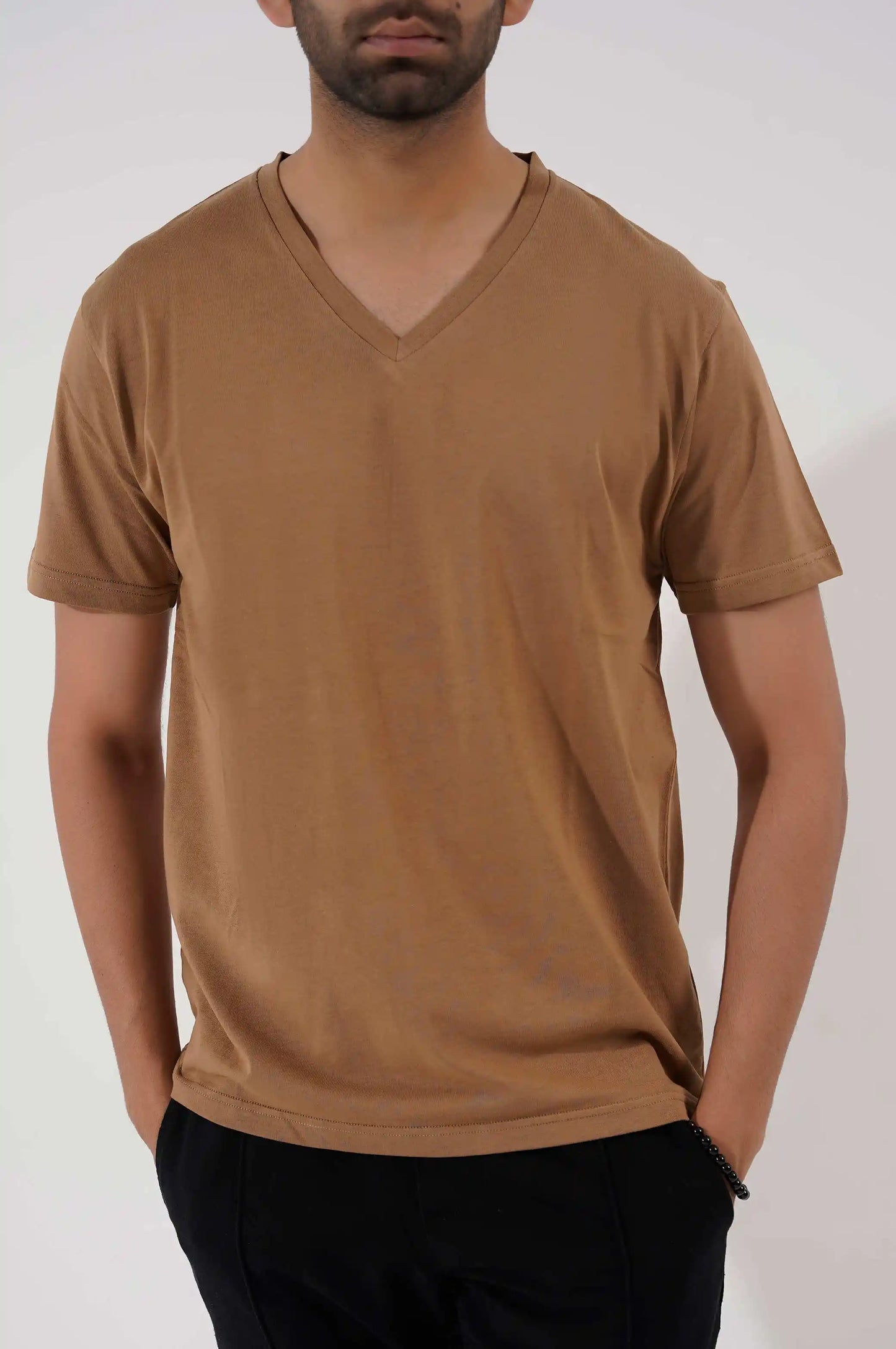 LIGHT BROWN BASIC V NECK T-SHIRT