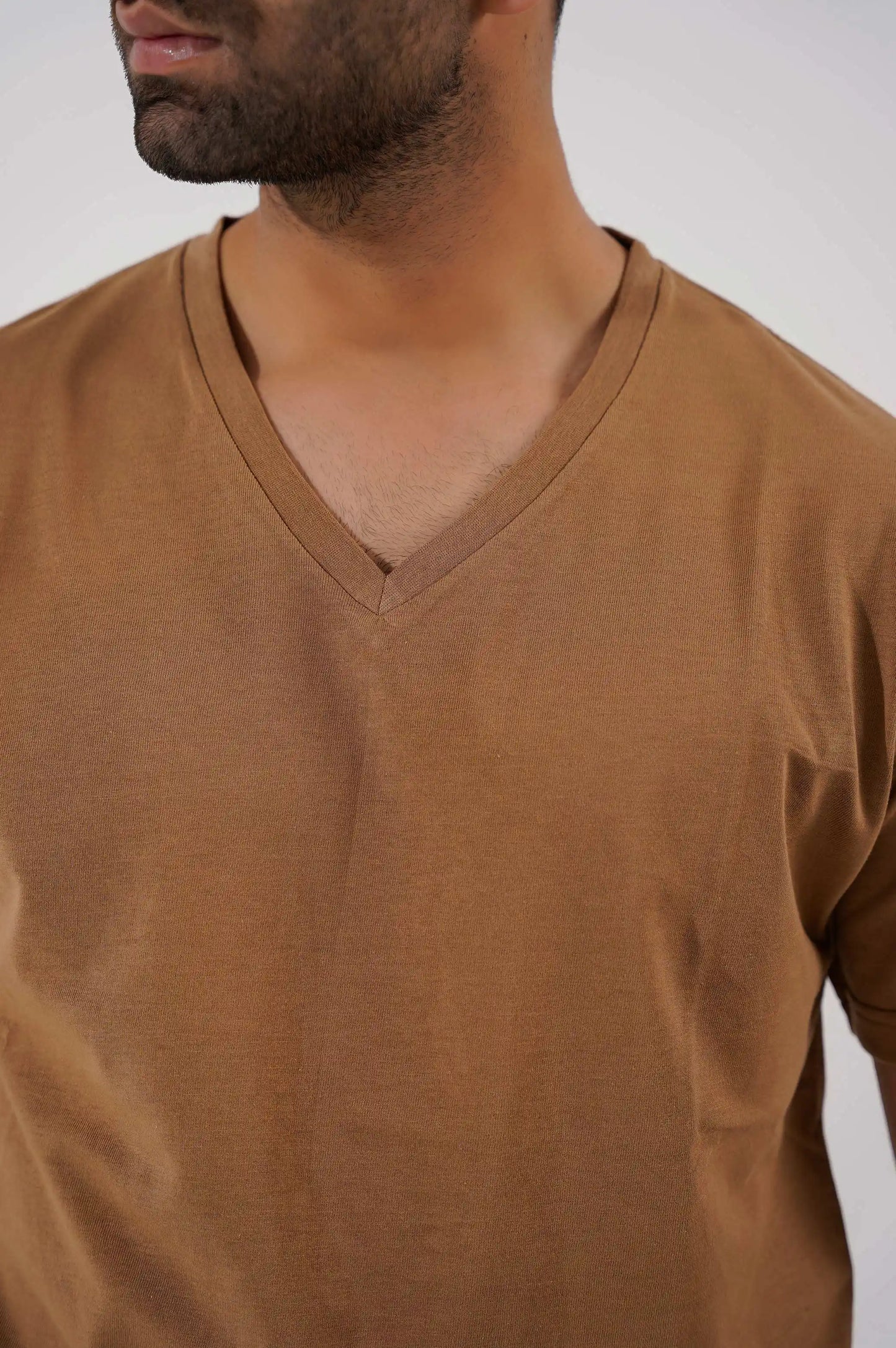 LIGHT BROWN BASIC V NECK T-SHIRT