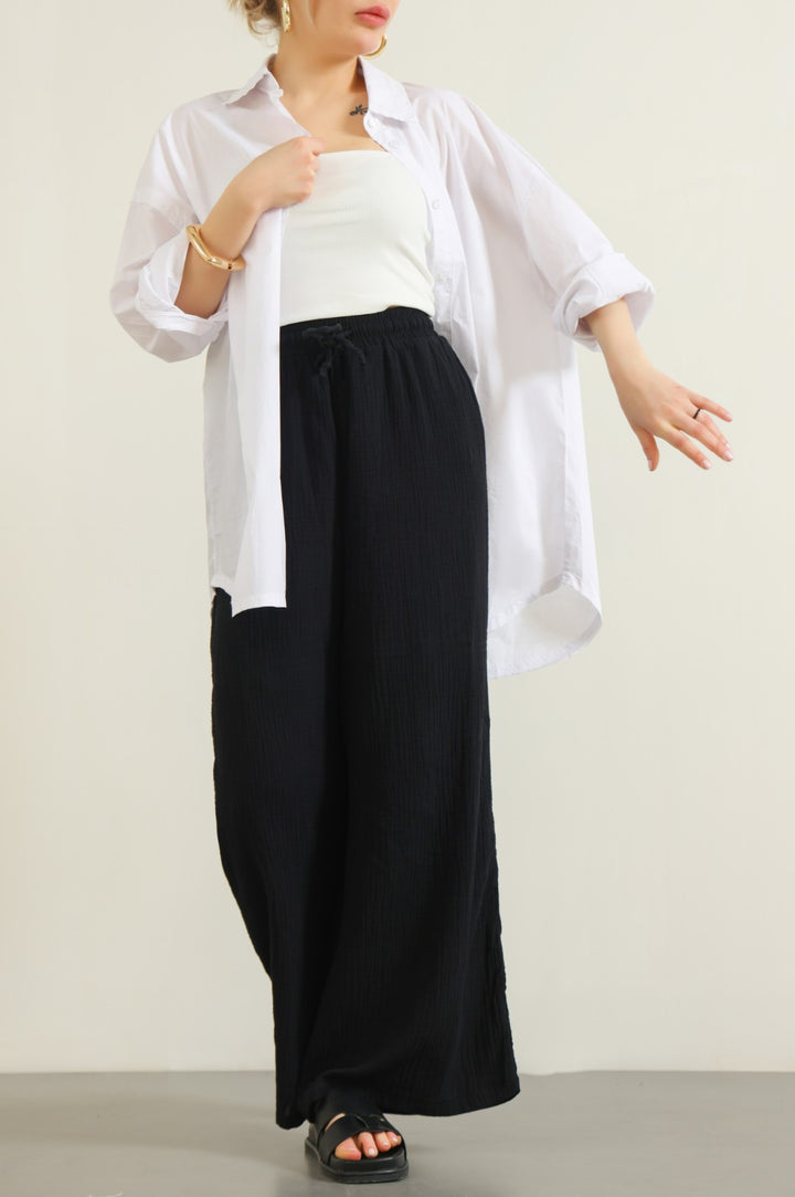 BLACK MUSLIN WIDE PANT