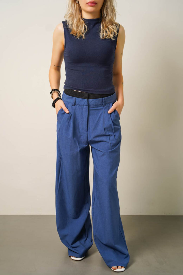 BLUE BOXER WAIST LOW RISE PANTS