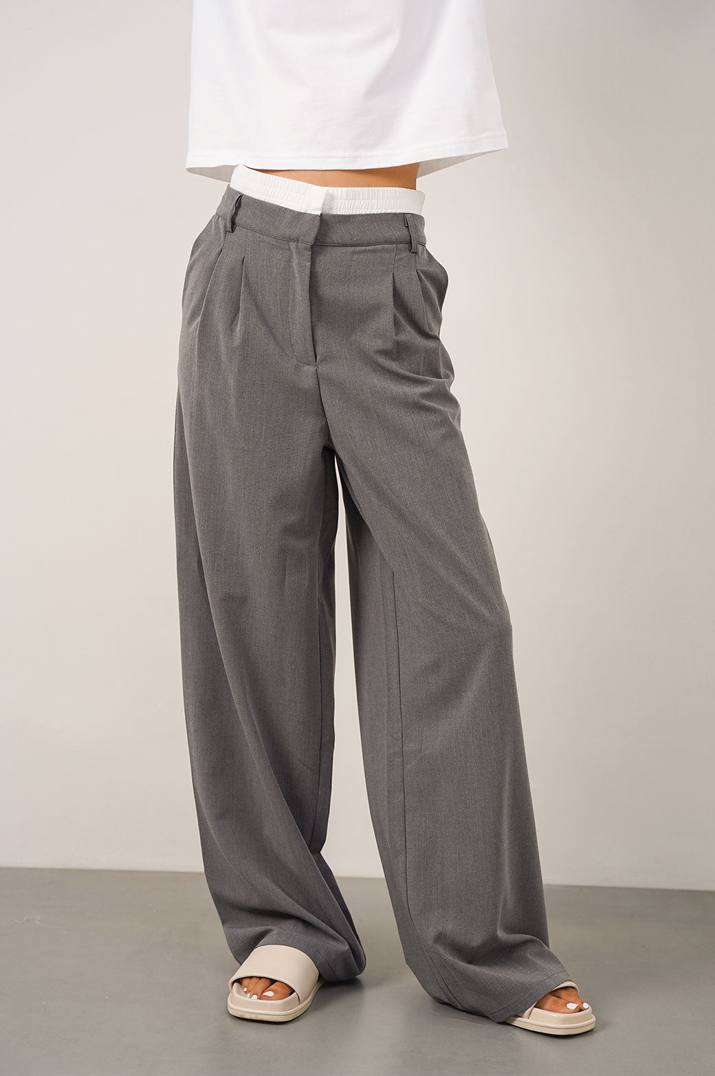 GREY BOXER WAIST LOW RISE PANTS