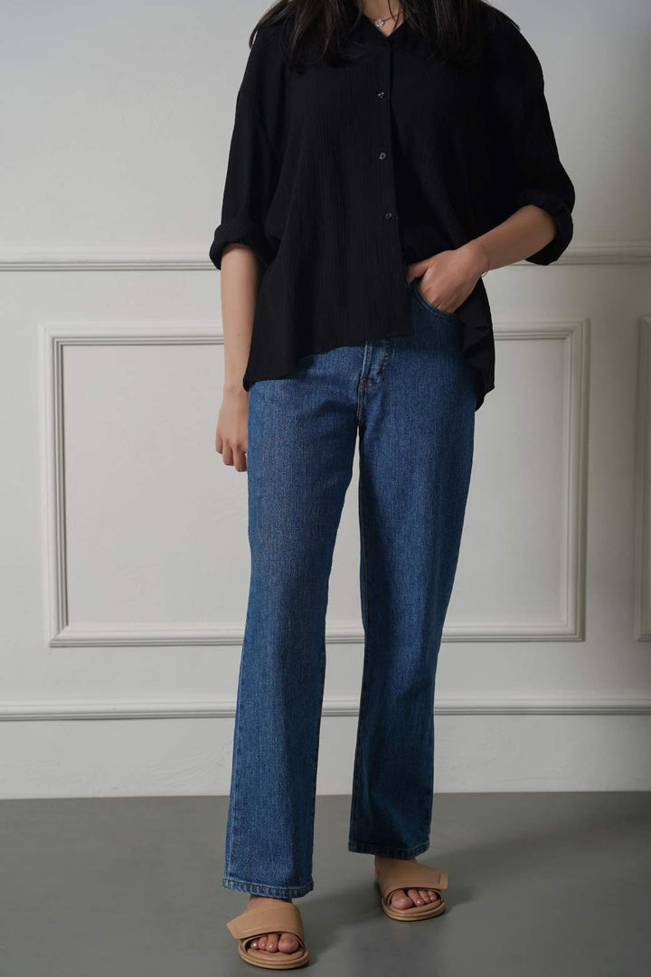 MID BLUE HIGH WAIST STRAIGHT JEANS