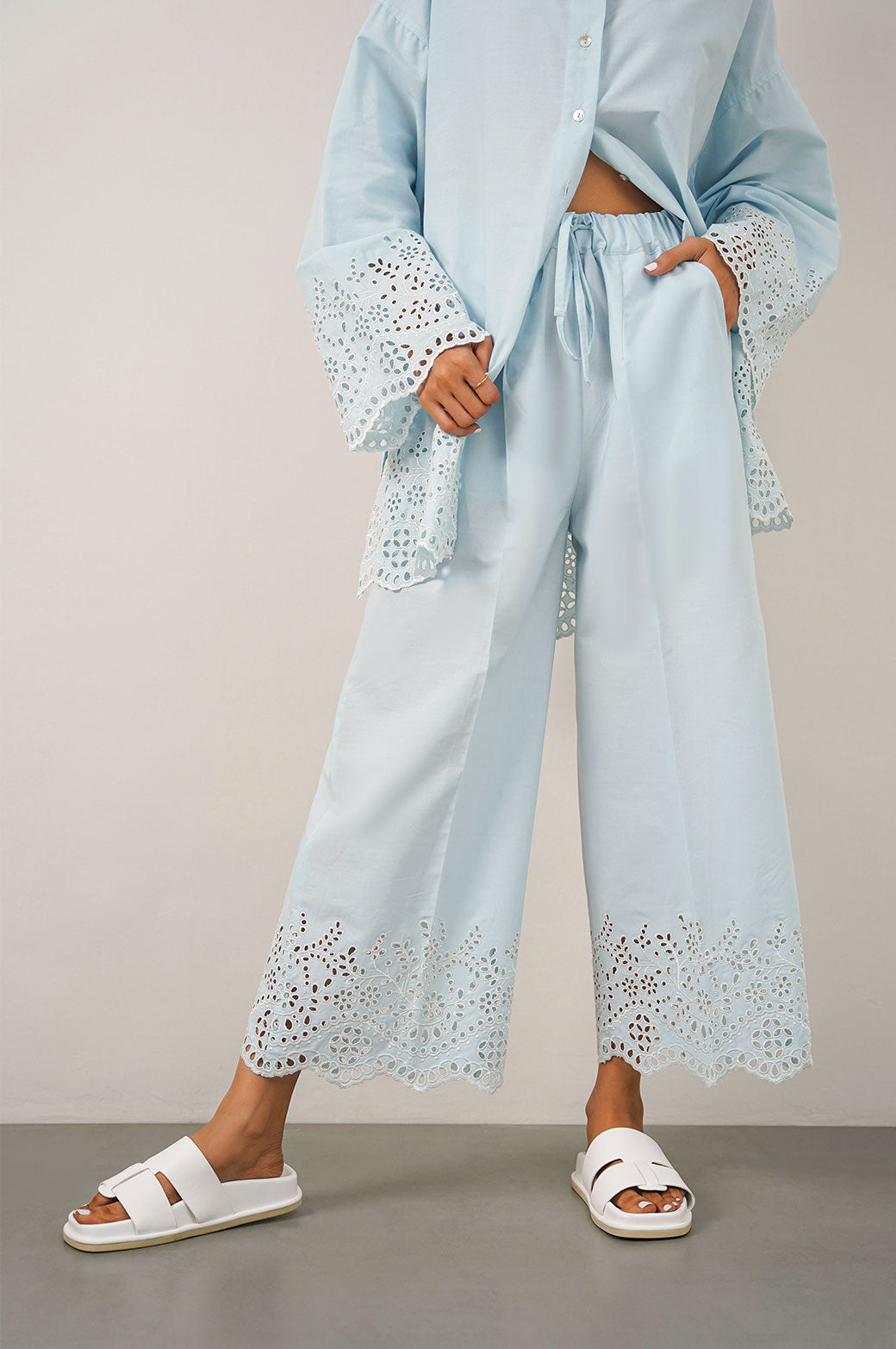 LIGHT BLUE SCHIFFLI DRAWSTRING CULOTTES