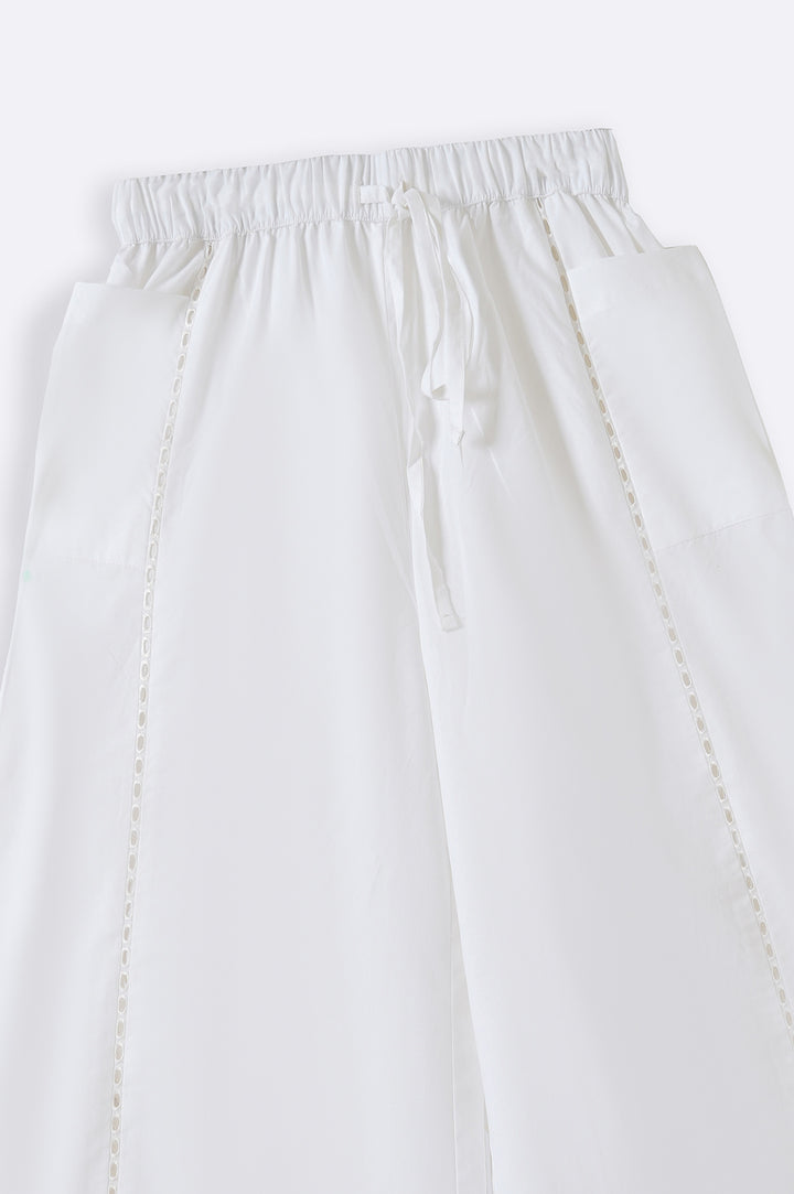 WHITE WIDE LEG EMBROIDERED PANTS