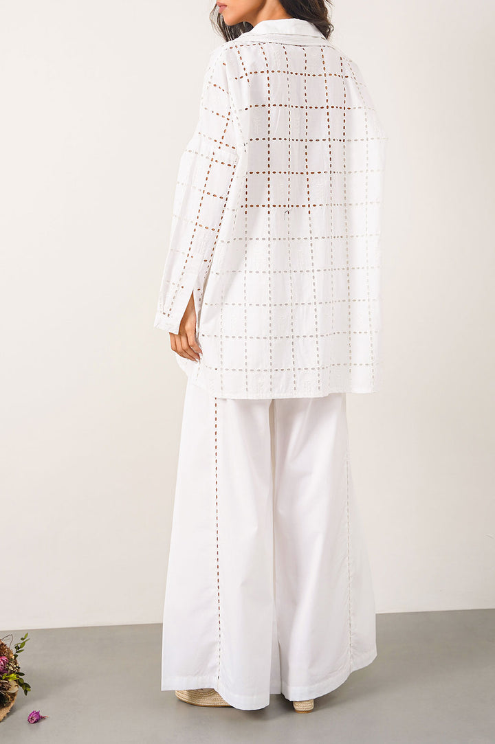 WHITE WIDE LEG EMBROIDERED PANTS