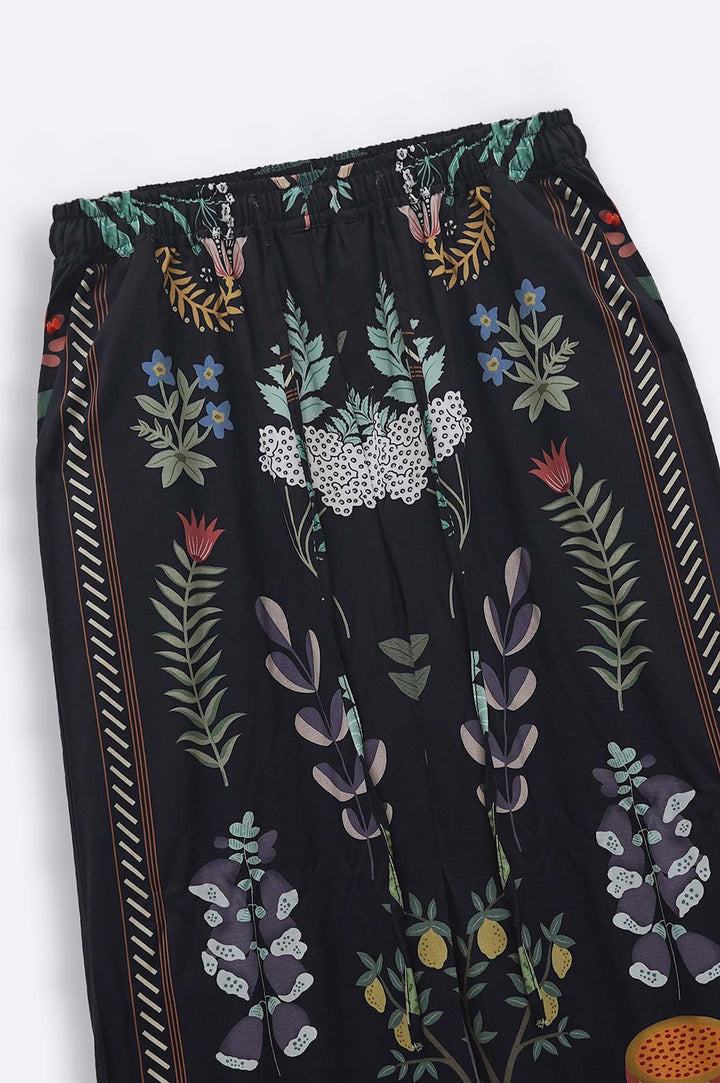 BLACK WHIMSICAL FLORAL WIDE LEG TROUSERS