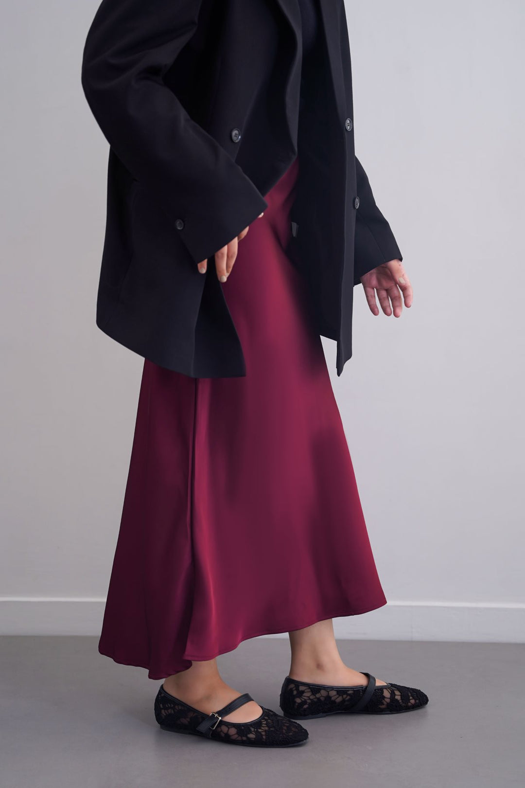 MAROON SATIN LONG SKIRT